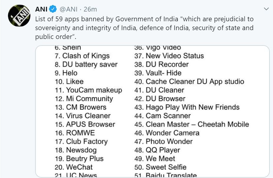 List of Chinese Apps ban in India