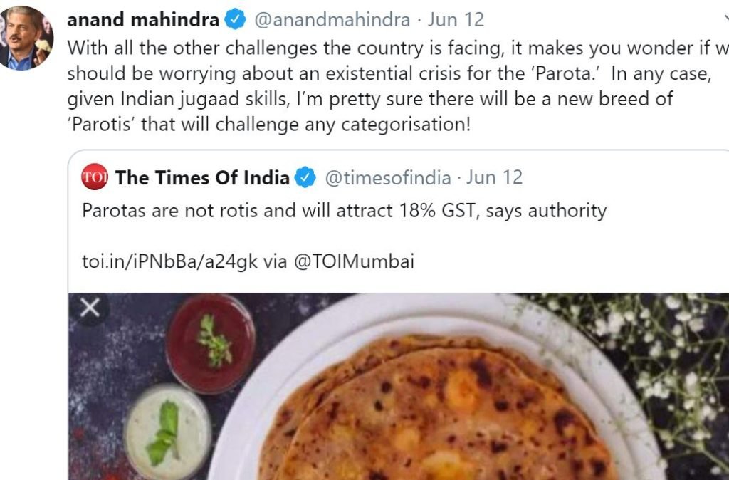 Anand mahindra said we have to do something over GST on paratha 